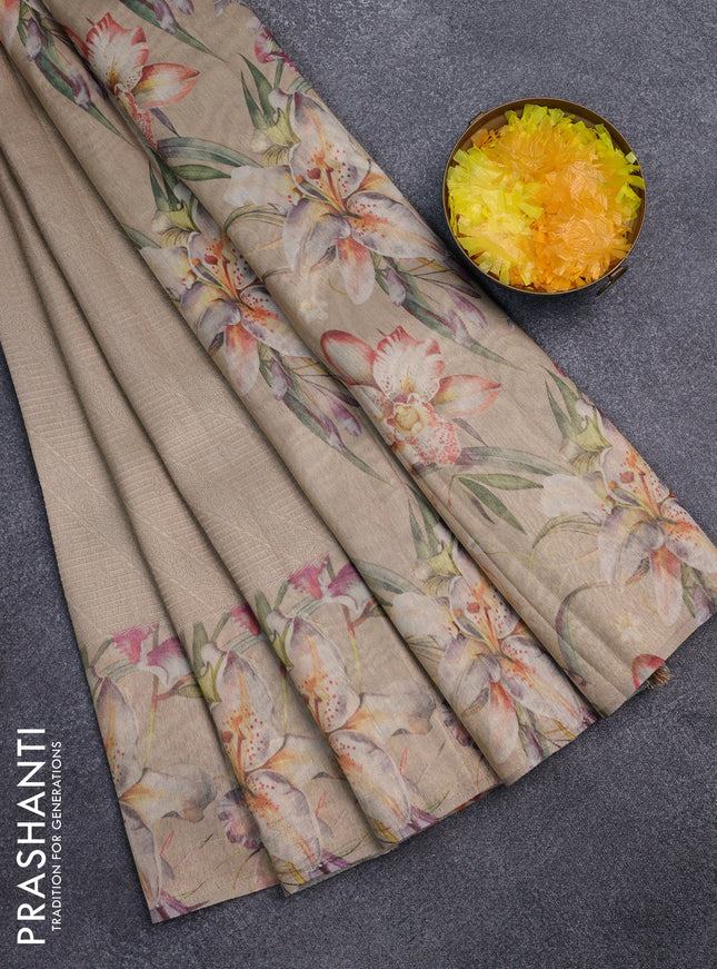 Tissue saree sandal with allover zari weaves and floral digital printed border