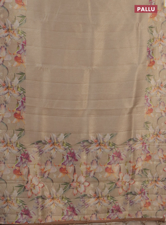 Tissue saree sandal with allover zari weaves and floral digital printed border