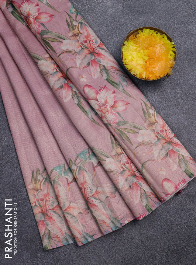 Tissue saree peach pink with allover zari weaves and floral digital printed border