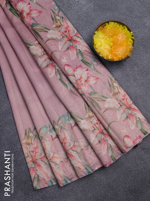 Tissue saree peach pink with allover zari weaves and floral digital printed border