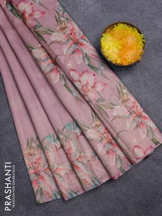 Tissue saree peach pink with allover zari weaves and floral digital printed border