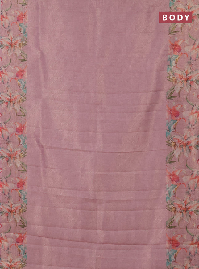 Tissue saree peach pink with allover zari weaves and floral digital printed border