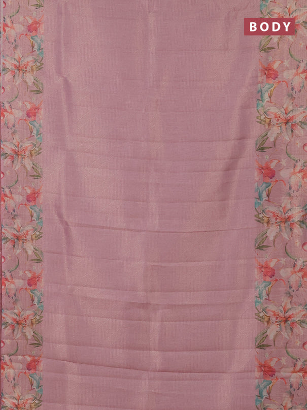 Tissue saree peach pink with allover zari weaves and floral digital printed border