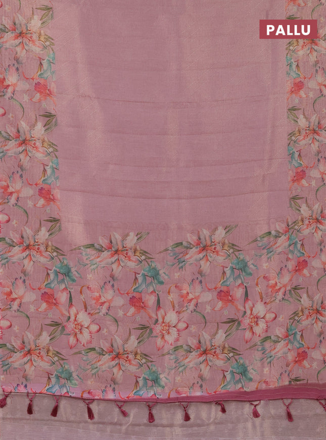 Tissue saree peach pink with allover zari weaves and floral digital printed border