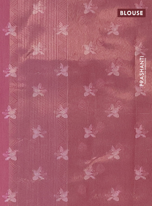 Tissue saree peach pink with allover zari weaves and floral digital printed border