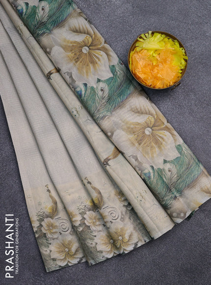 Tissue saree pastel grey with allover zari weaves and floral digital printed border
