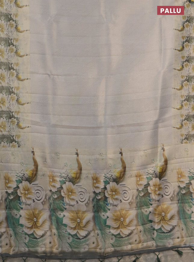 Tissue saree pastel grey with allover zari weaves and floral digital printed border