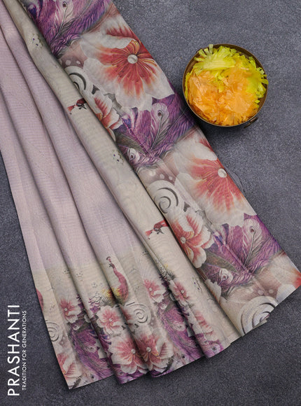 Tissue saree pastel lavender with allover zari weaves and floral digital printed border