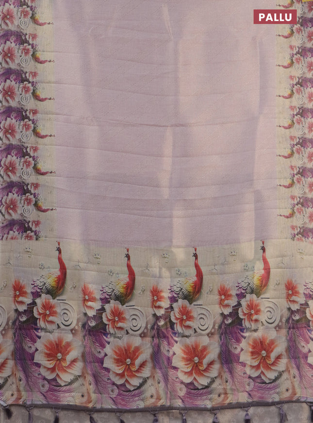 Tissue saree pastel lavender with allover zari weaves and floral digital printed border