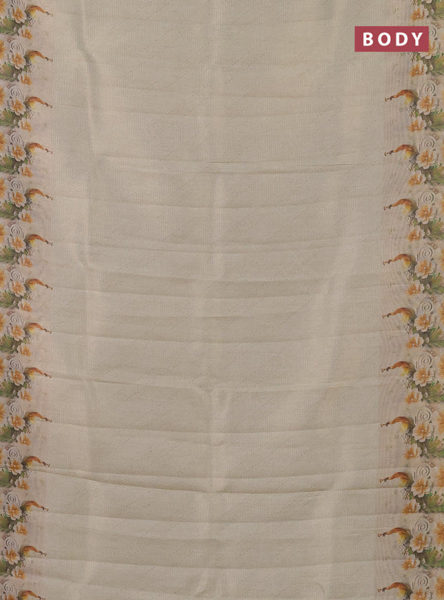 Tissue saree cream with allover zari weaves and floral digital printed border