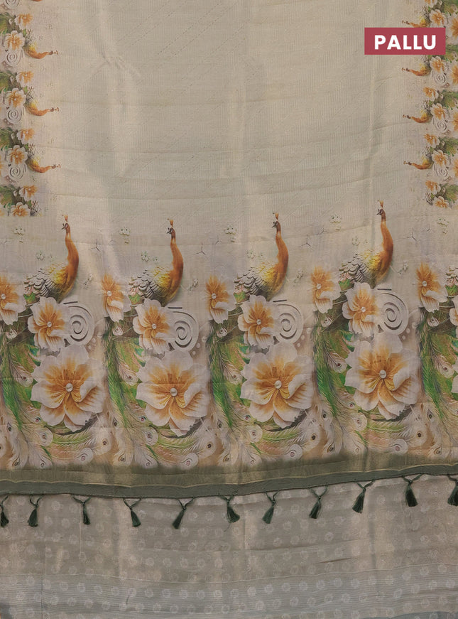 Tissue saree cream with allover zari weaves and floral digital printed border