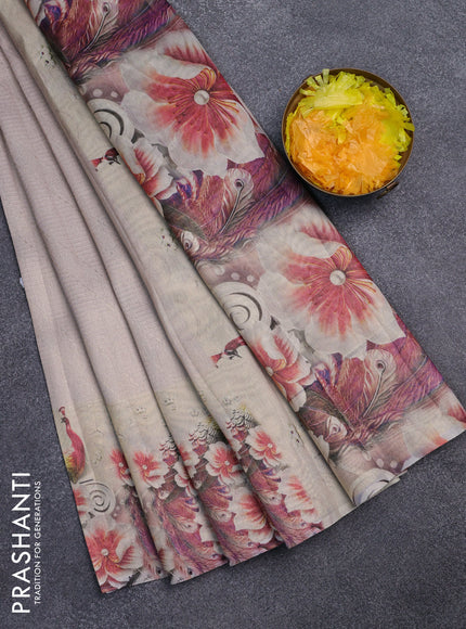 Tissue saree beige with allover zari weaves and floral digital printed border