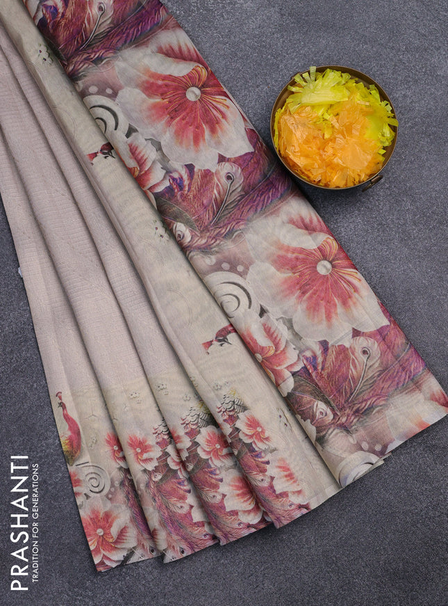Tissue saree beige with allover zari weaves and floral digital printed border