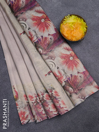 Tissue saree beige with allover zari weaves and floral digital printed border
