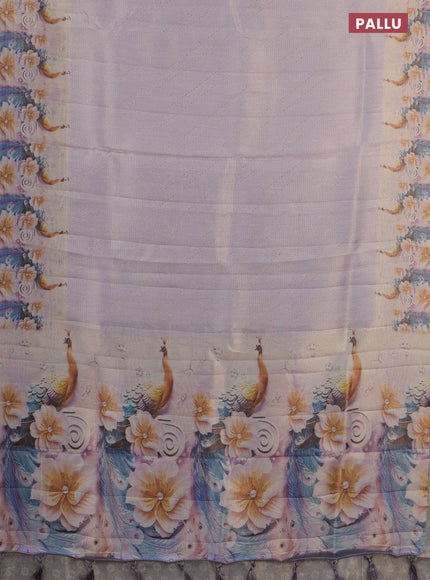 Tissue saree pastel lavender with allover zari weaves and floral digital printed border