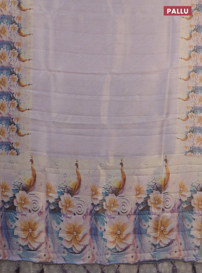 Tissue saree pastel lavender with allover zari weaves and floral digital printed border