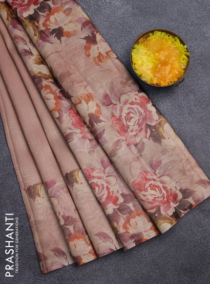 Tissue saree pastel peach with allover zari weaves and floral digital printed border