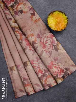 Tissue saree pastel peach with allover zari weaves and floral digital printed border