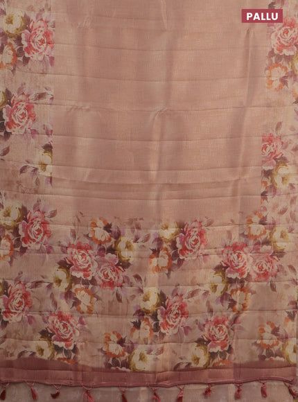 Tissue saree pastel peach with allover zari weaves and floral digital printed border