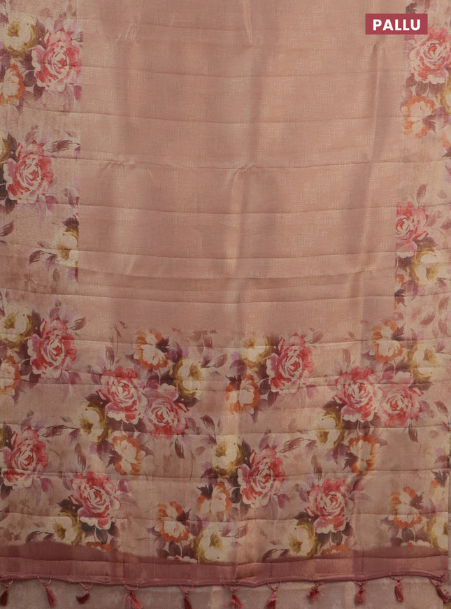 Tissue saree pastel peach with allover zari weaves and floral digital printed border