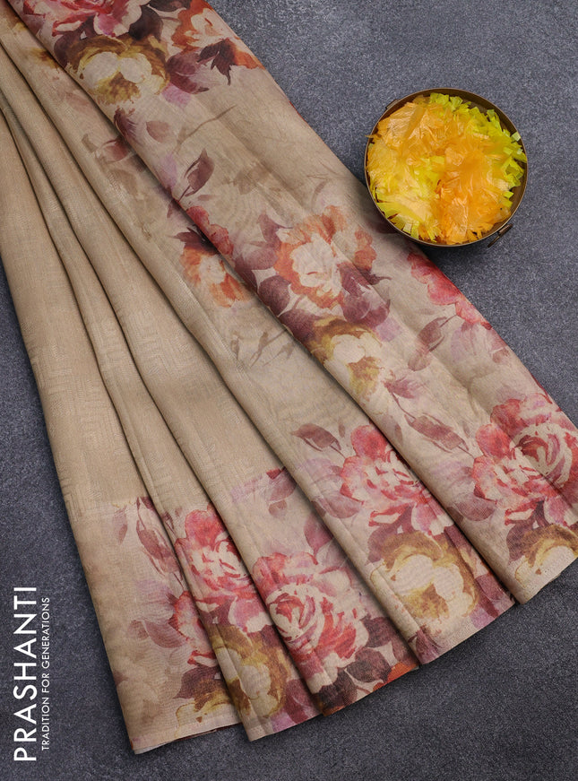 Tissue saree sandal with allover zari weaves and floral digital printed border