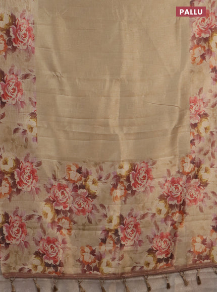 Tissue saree sandal with allover zari weaves and floral digital printed border