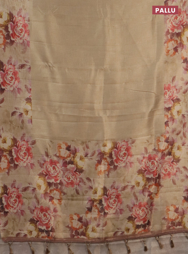 Tissue saree sandal with allover zari weaves and floral digital printed border