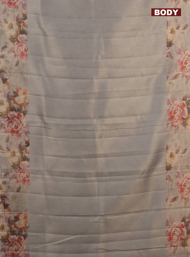 Tissue saree pastel grey with allover zari weaves and floral digital printed border