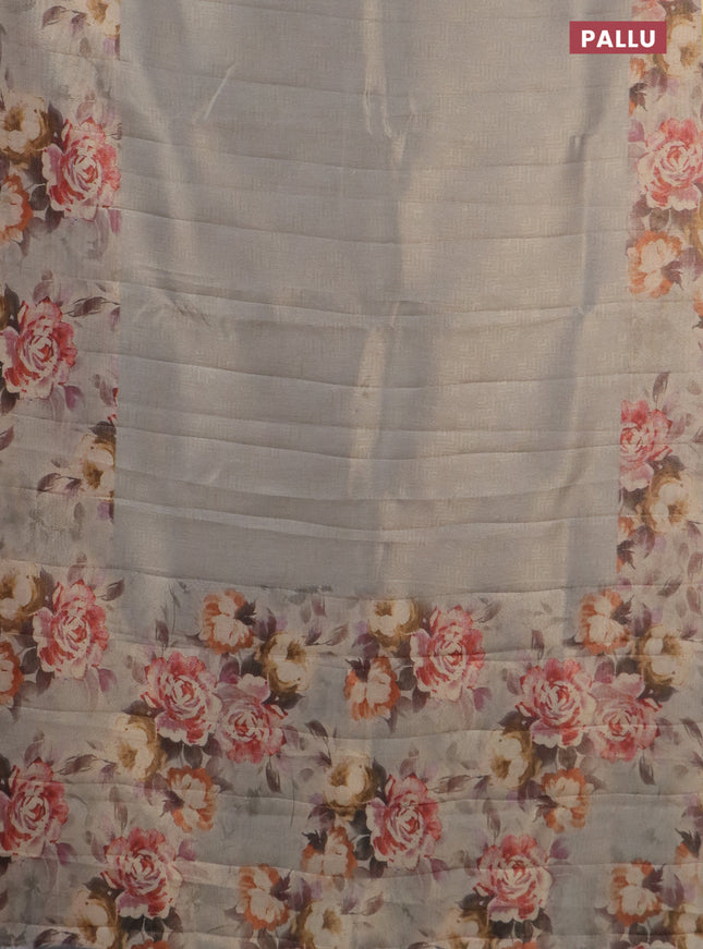 Tissue saree pastel grey with allover zari weaves and floral digital printed border