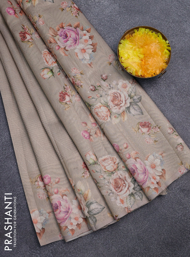 Tissue saree beige with allover zari weaves and floral digital printed border