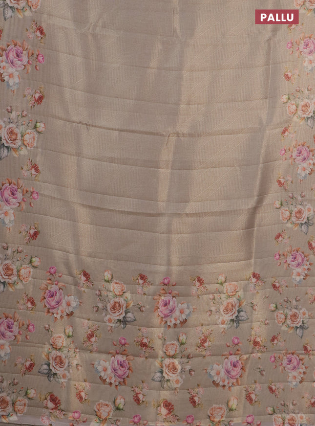 Tissue saree beige with allover zari weaves and floral digital printed border