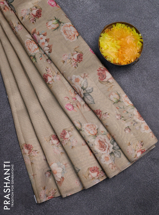 Tissue saree sandal with allover zari weaves and floral digital printed border