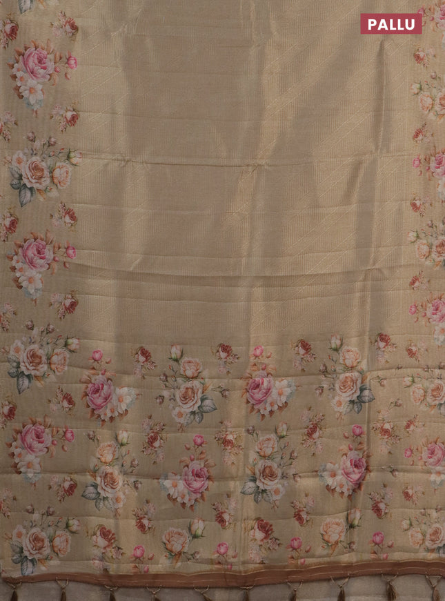 Tissue saree sandal with allover zari weaves and floral digital printed border