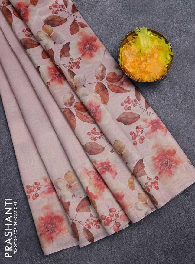 Tissue saree mild peach with allover zari weaves and floral digital printed border