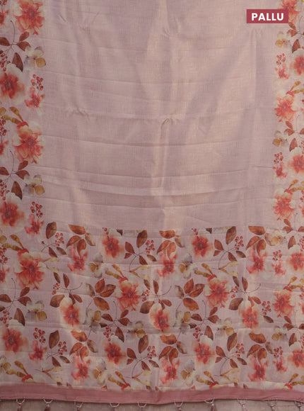 Tissue saree mild peach with allover zari weaves and floral digital printed border
