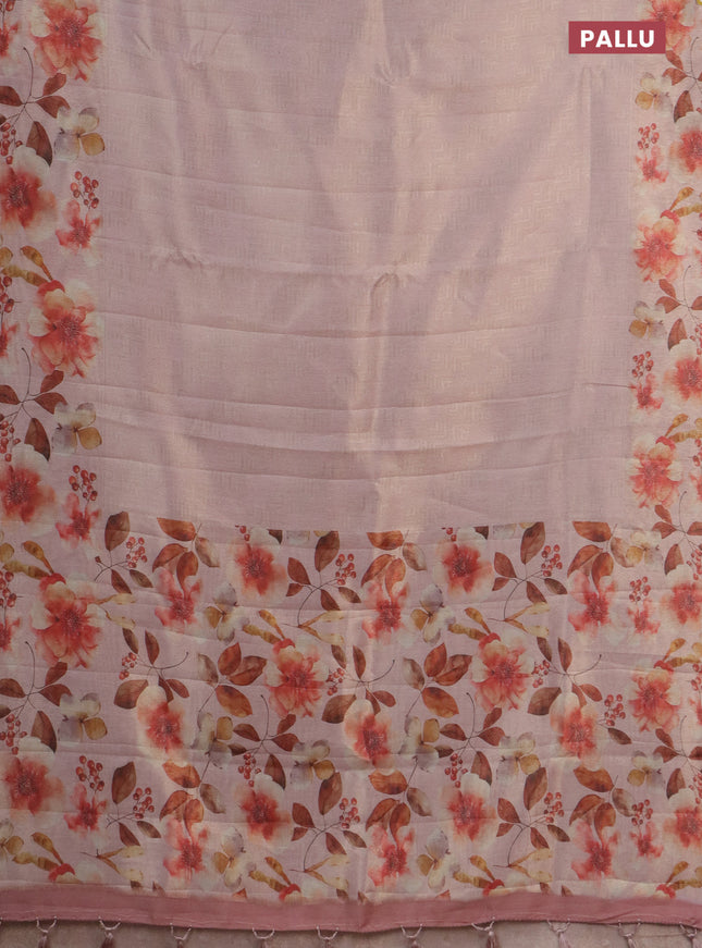 Tissue saree mild peach with allover zari weaves and floral digital printed border