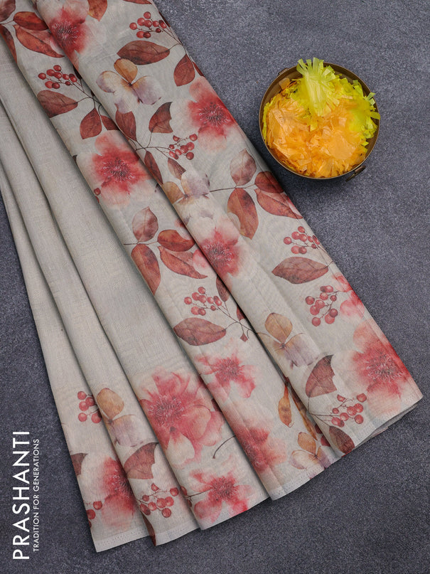 Tissue saree beige and pastel grey with allover zari weaves and floral digital printed border