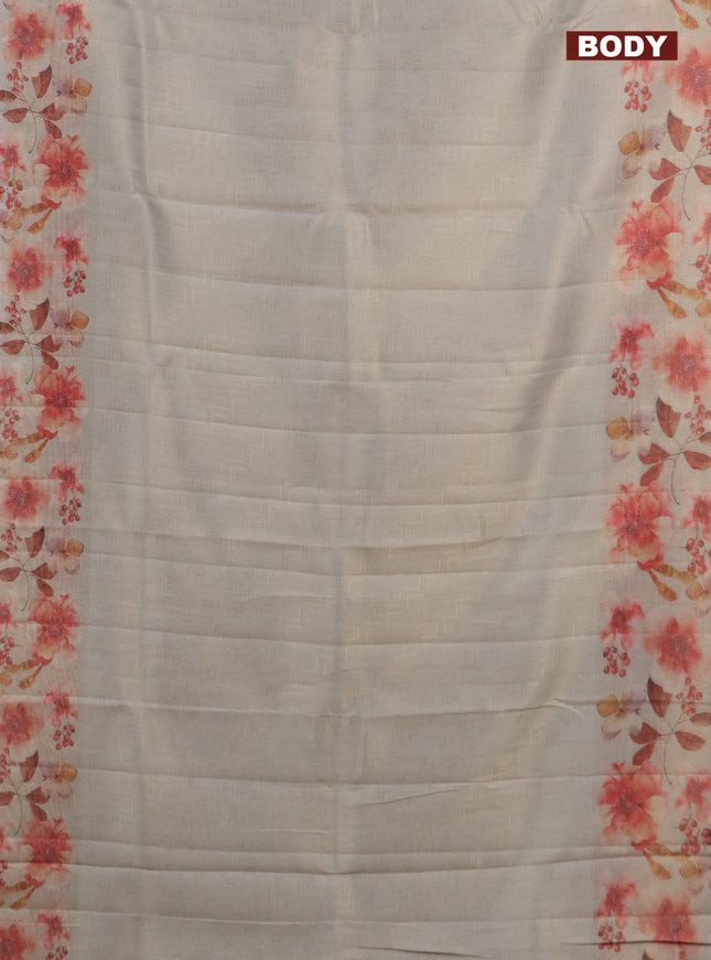 Tissue saree beige and pastel grey with allover zari weaves and floral digital printed border