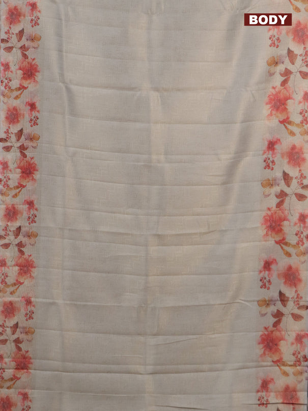 Tissue saree beige and pastel grey with allover zari weaves and floral digital printed border