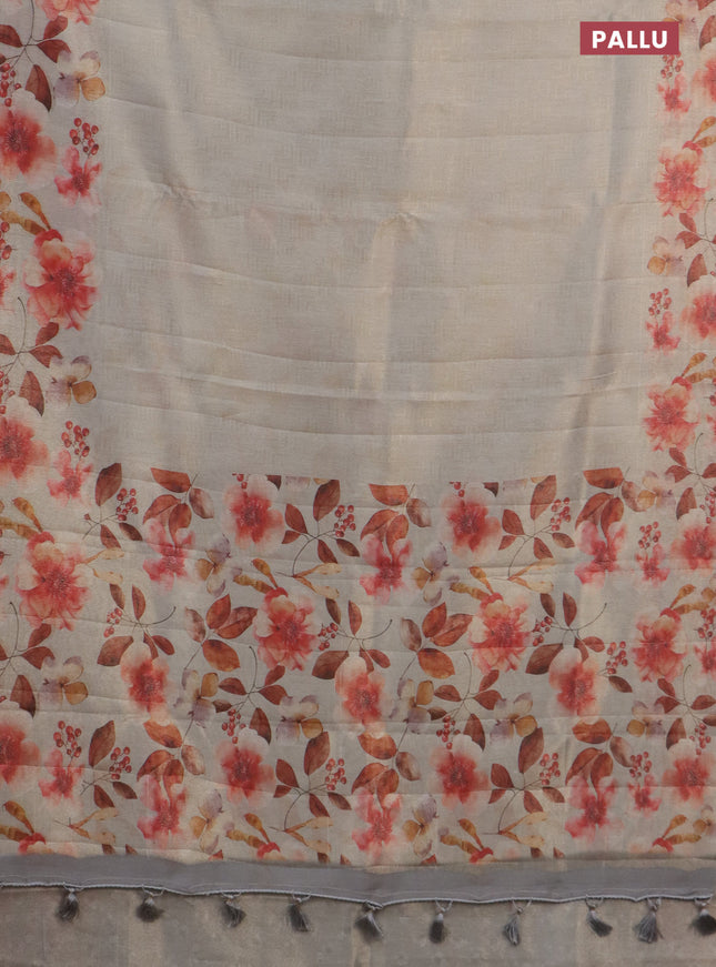 Tissue saree beige and pastel grey with allover zari weaves and floral digital printed border