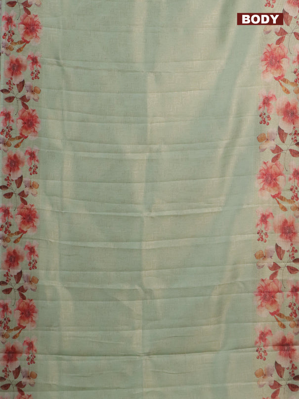 Tissue saree pista green with allover zari weaves and floral digital printed border