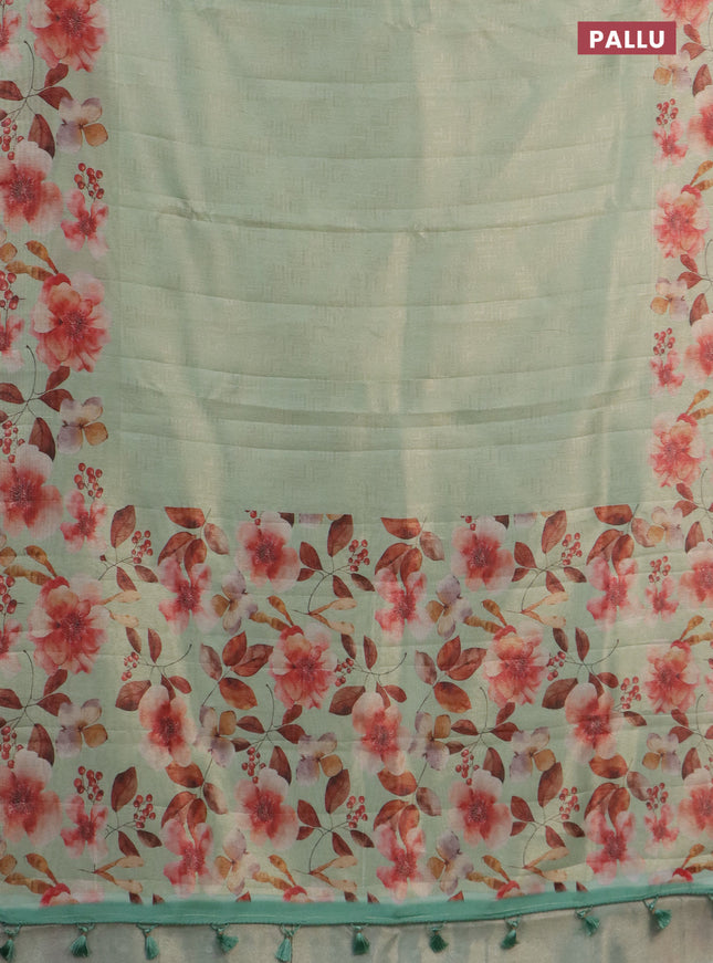 Tissue saree pista green with allover zari weaves and floral digital printed border