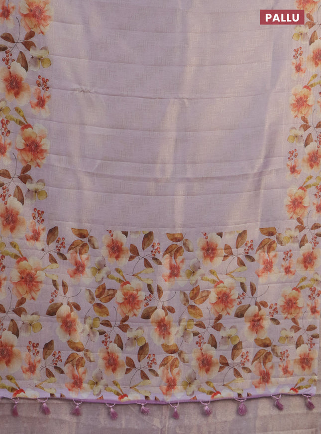 Tissue saree mild lavender with allover zari weaves and floral digital printed border