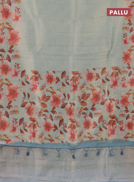 Tissue saree pastel green with allover zari weaves and floral digital printed border