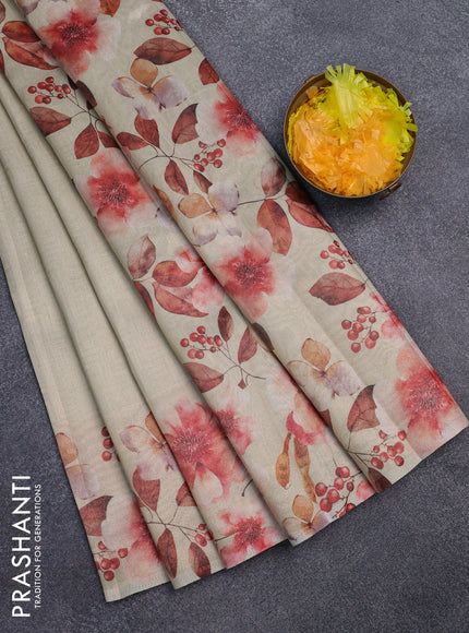 Tissue saree cream with allover zari weaves and floral digital printed border