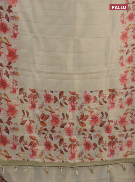 Tissue saree cream with allover zari weaves and floral digital printed border