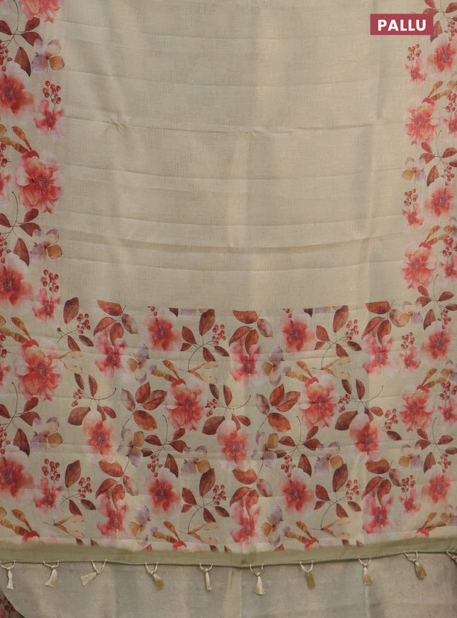 Tissue saree cream with allover zari weaves and floral digital printed border