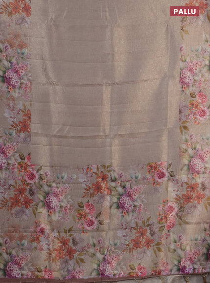 Tissue saree beige with allover zari weaves and floral digital printed border