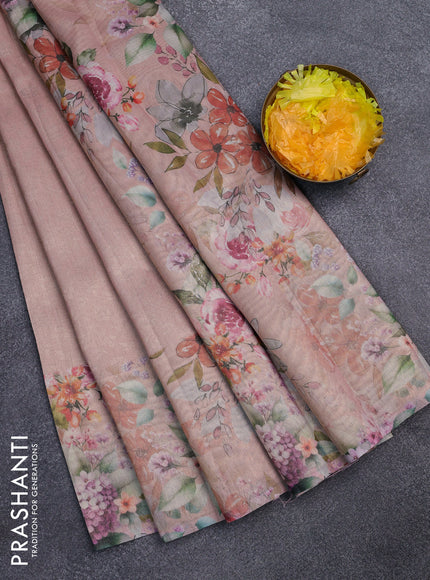 Tissue saree pastel peach with allover zari weaves and floral digital printed border