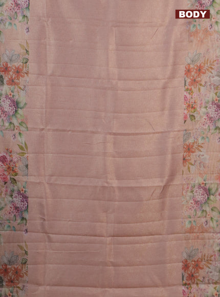 Tissue saree pastel peach with allover zari weaves and floral digital printed border